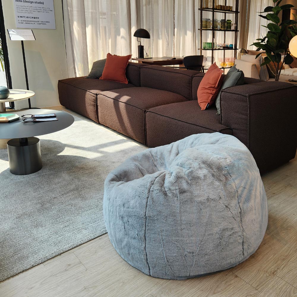 A faux fur bean bag chair in Commune KL Malaysia furniture showroom