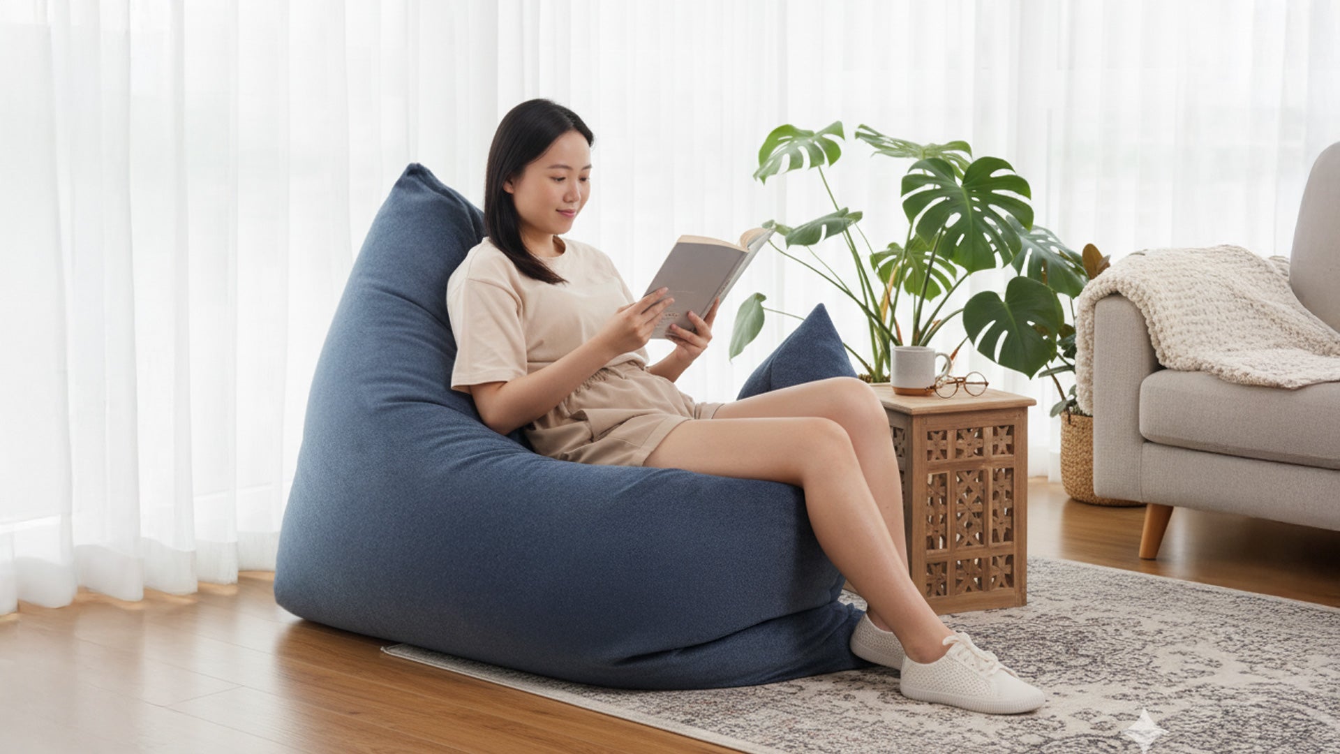 Person sitting on a quality bean bag lounger in Malaysia, reading a book in a living room